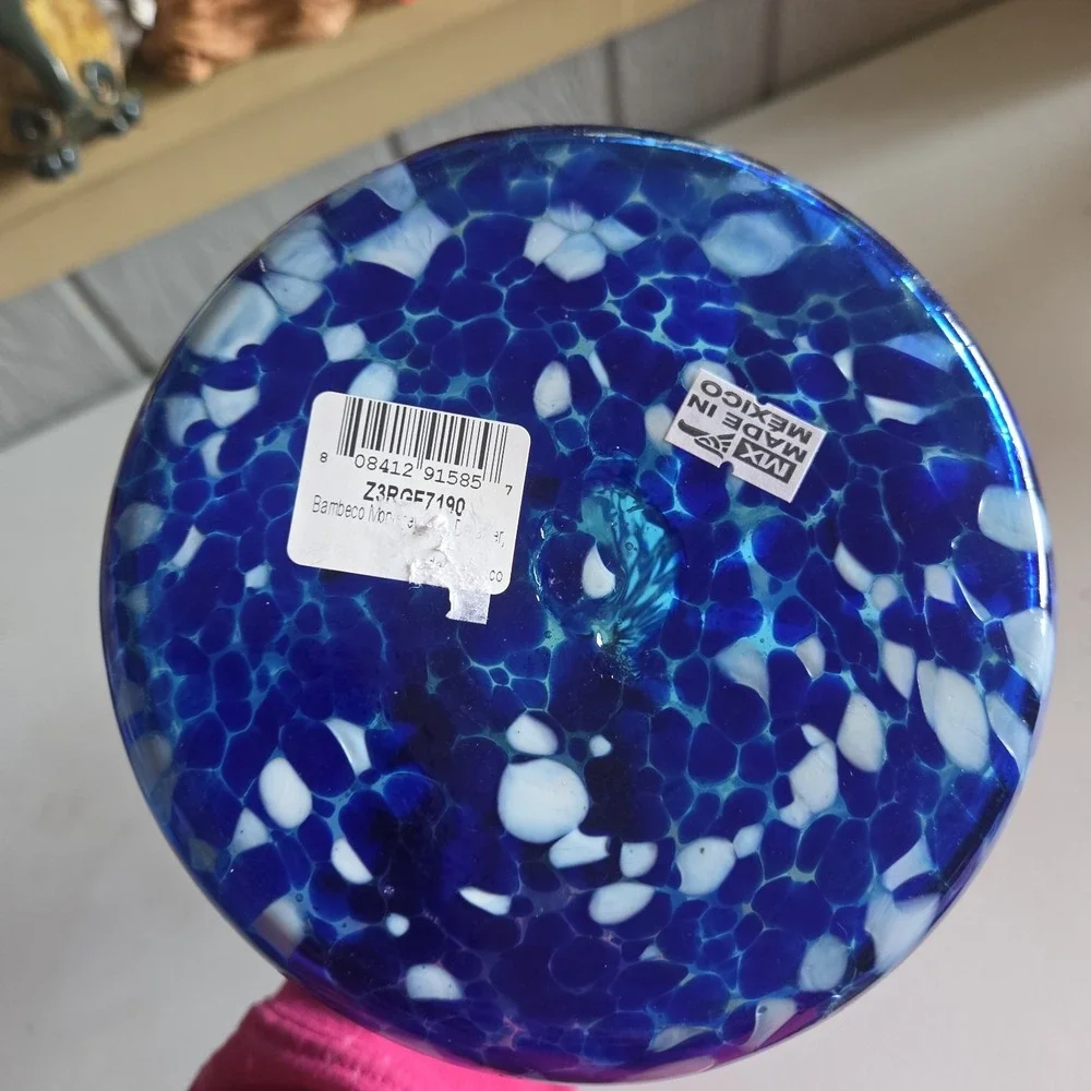 Abstract Art Glass Vase Decanter Style Hand Blown Mexico Blue White Ovals
